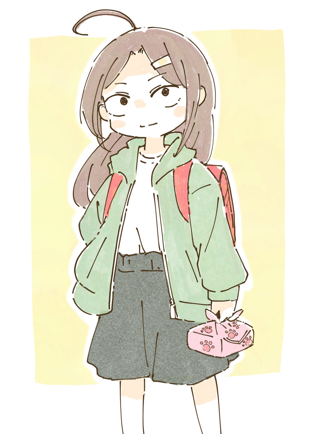 1girl, ahoge, backpack, bag, bento, black_skirt, blush_stickers, brown_hair