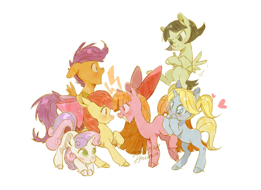 ahchun_zai_beiwo, animal, animal_focus, animalization, apple_bloom, black_hair, blonde_hair, blossom_(ppg), bow, bubbles_(ppg), buttercup_(ppg), chinese_commentary, commentary_request, crossover, flying, foal, hair_bow, highres, hooves, long_hair, multicolored_hair, my_little_pony, my_little_pony:_friendship_is_magic, no_humans, open_mouth, orange_hair, pegasus, pink_hair, pony_(animal), powerpuff_girls, purple_hair, rearing, redhead, scootaloo, short_hair, short_twintails, simple_background, standing, sweetie_belle, tail, twintails, two-tone_hair, unicorn, white_background, wings