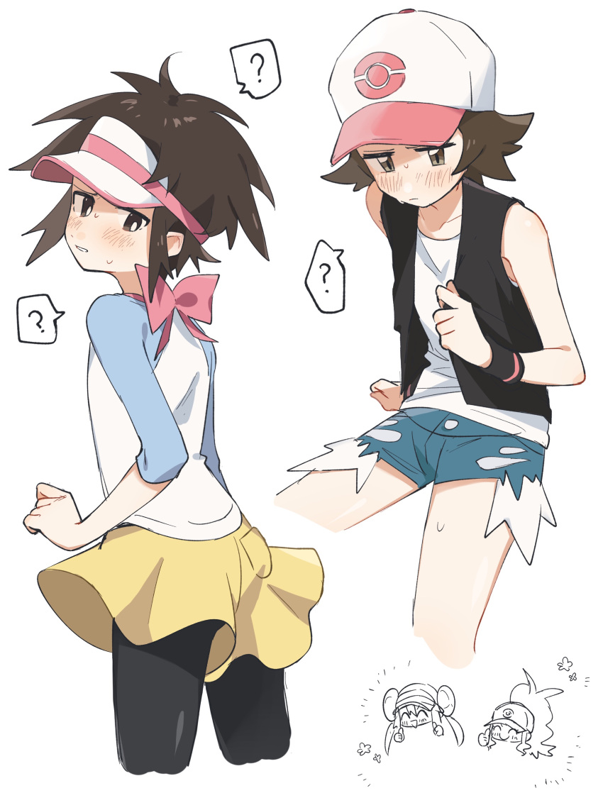 2boys, 2girls, ?, absurdres, black_pantyhose, black_vest, black_wristband, blush, bow, brown_eyes, brown_hair, closed_mouth, commentary_request, cosplay, crossdressing, exposed_pocket, hat, highres, hilbert_(pokemon), hilda_(pokemon), hilda_(pokemon)_(cosplay), kyuu999_bot, looking_back, multiple_boys, multiple_girls, nate_(pokemon), open_clothes, open_vest, pantyhose, partially_colored, pink_bow, pokemon, pokemon_bw, pokemon_bw2, rosa_(pokemon), rosa_(pokemon)_(cosplay), shirt, short_hair, shorts, sleeveless, sleeveless_shirt, sleeves_past_elbows, spoken_question_mark, sweat, vest, visor_cap, white_background, white_hat, white_shirt, yellow_shorts