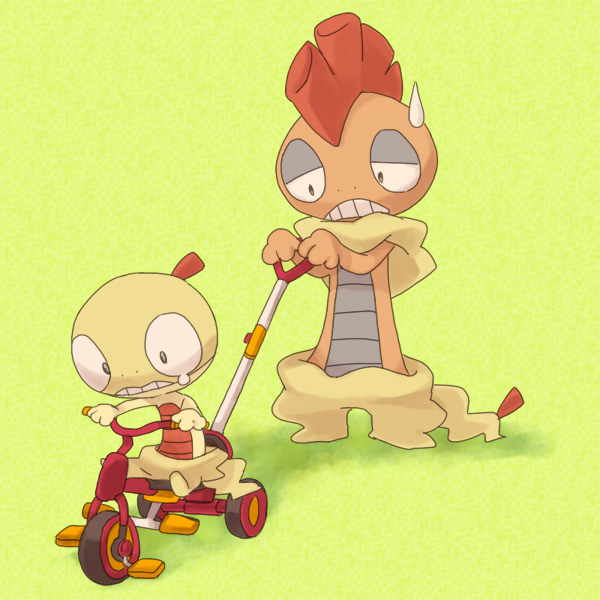 no_humans, pokemon, pokemon_(game), pokemon_black_and_white, pokemon_bw, scrafty, scraggy, simple_background, sweatdrop, tears, tricycle, zuruggu, zuruzukin