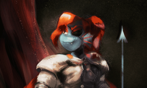 1girl, 2016, 2d, animated, animated_gif, anthro, armor, black_eyepatch, blue_skin, breastplate, digital_media, ear_fins, eyepatch, female, female_only, fins, fish, fish_girl, head_fins, long_hair, looping_animation, louie_zong, monster, monster_girl, photoshop_(medium), ponytail, red_hair, solo, spear, undertale, undyne, upper_body, weapon
