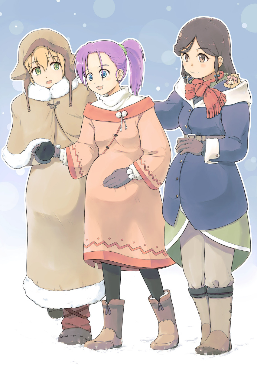 4girls, belt, black_mittens, black_pantyhose, blonde_hair, blue_bow, blue_coat, blue_eyes