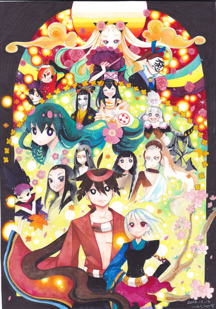 azekura_kanara, biyorigou, character_request, colored_pencil_(medium), everyone, higaki_rinne, highres, hiteihime_(katanagatari), itezora_konayuki, katanagatari, kiguchi_zanki, maniwa_houou, maniwa_koumori, maniwa_pengin, mosho, sabi_hakuhei, souda_emonzaemon, togame, traditional_media, tsuruga_meisai, uneri_ginkaku, watercolor_(medium), yasuri_nanami, yasuri_shichika
