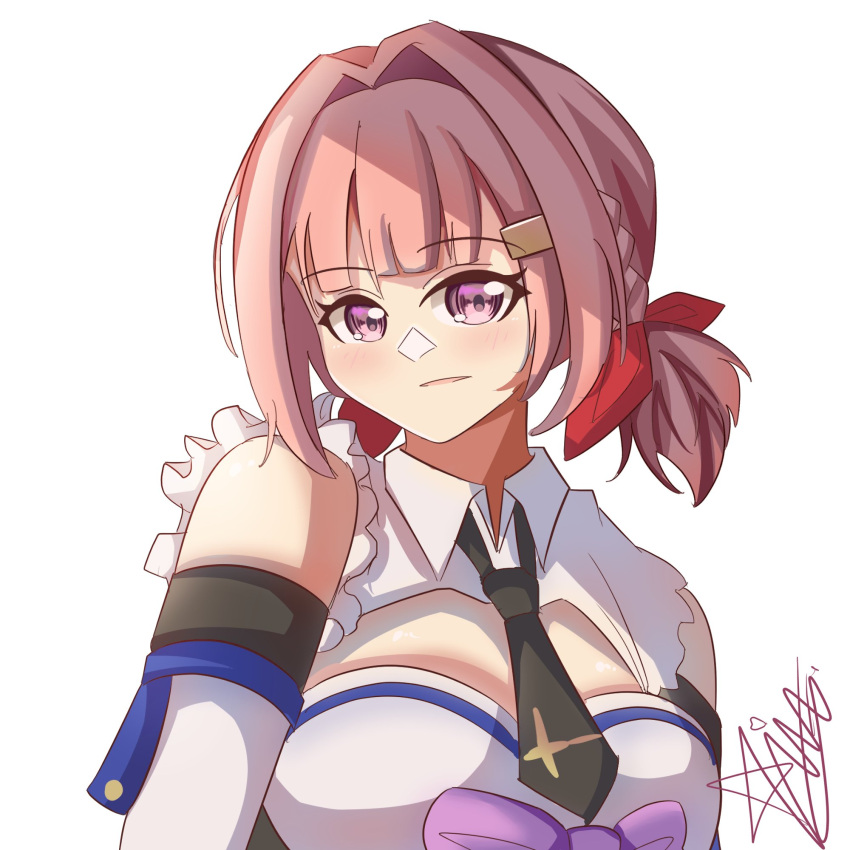 1girl, arms_at_sides, artist_name, assault_lily, bare_shoulders, black_necktie, blush, bow