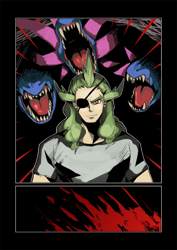 blood, cave, comic, eyepatch, geechisu_(pokemon), green_hair, hydreigon, kurobis