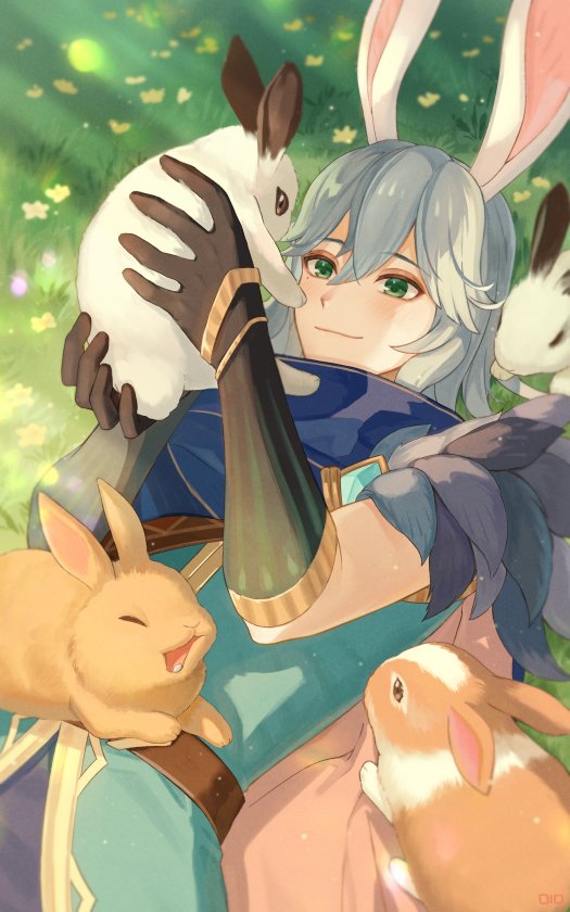 1boy, afk_(series), afk_journey, animal, animal_ears, black_gloves, closed_eyes, closed_mouth