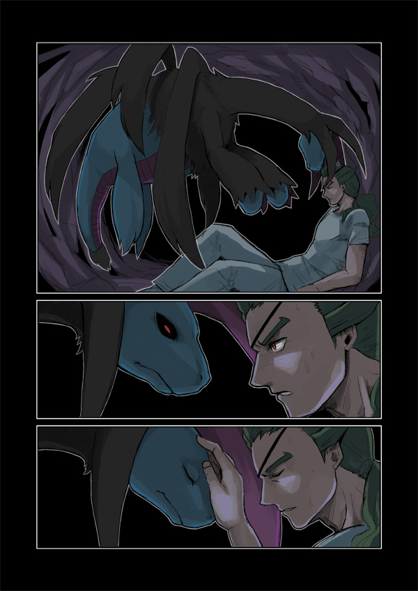 cave, comic, eyepatch, geechisu_(pokemon), green_hair, hydreigon, kurobis, kurogyo