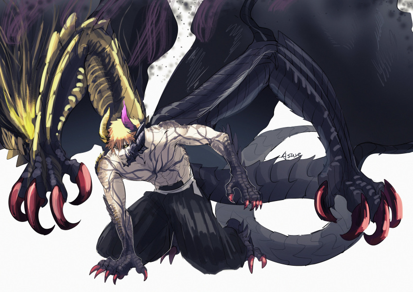 1boy, abs, absurdres, artist_name, asure_(asure_twi), asymmetrical_horns, black_hakama, black_sclera