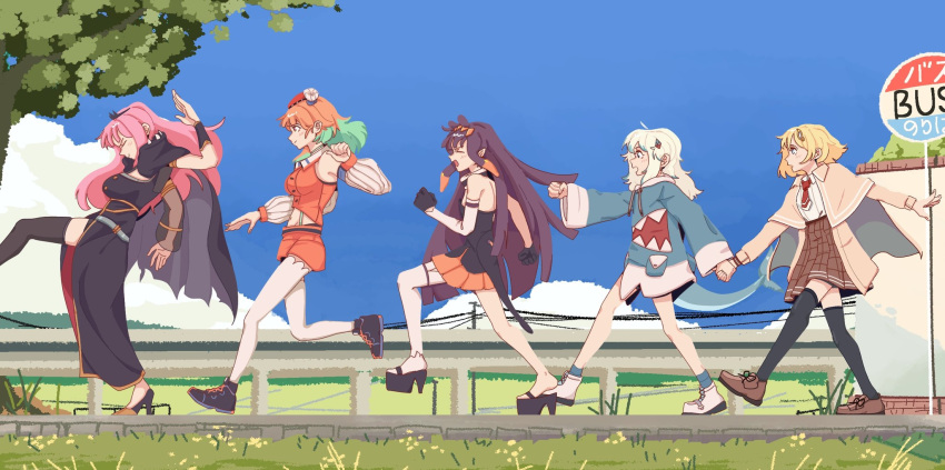5girls, addendium, animal_costume, animal_hood, black_dress, black_footwear, black_thighhighs, blonde_hair