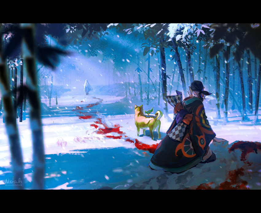 2boys, artist_name, bandana, blood, blood_on_ground, blood_trail, blue_bandana, blurry