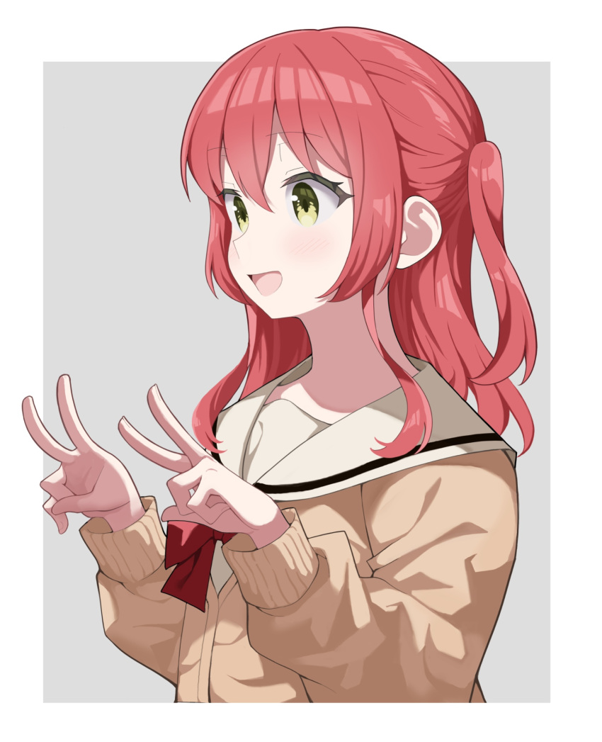 1girl, bocchi_the_rock!, double_v, green_eyes, hair_ornament, highres, kita_ikuyo, long_hair