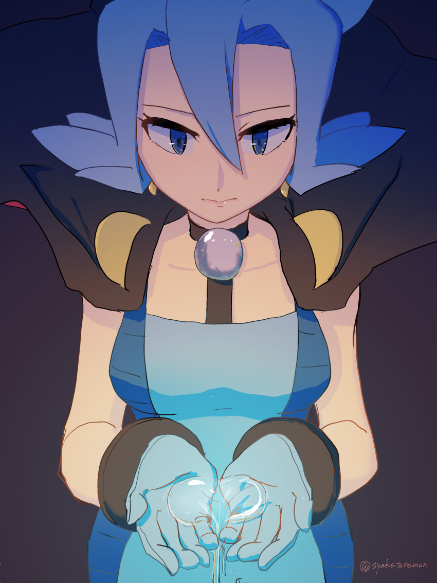 1girl, absurdres, blue_bodysuit, blue_eyes, blue_gloves, bodysuit, breasts, cape, clair_(pokemon), collarbone, cupping_hand, earrings, gloves, highres, holding_water, jewelry, kirinogi_(syaketoremon), pokemon, pokemon_hgss, solo, tooth_earrings, twitter_username