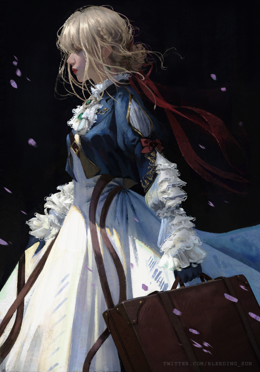 1girl, absurdres, ascot, black_background, black_gloves, bleeding_sun, blonde_hair, blue_jacket, braid, cropped_jacket, crown_braid, earrings, english_commentary, falling_petals, from_side, gem, gloves, green_brooch, green_gemstone, highres, holding, holding_suitcase, jacket, jewelry, petals, red_ribbon, ribbon, sidelocks, skirt, suitcase, violet_evergarden, violet_evergarden_(series), white_ascot, white_skirt