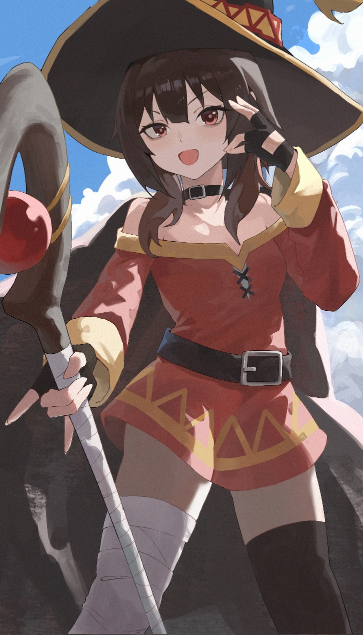 1girl, alone_(user_pafj5434), bandaged_leg, bandages, black_gloves, black_thighhighs, blue_sky, brown_eyes, brown_hair, brown_hat, clouds, collar, day, dress, fingerless_gloves, gloves, hat, highres, holding, holding_staff, kono_subarashii_sekai_ni_shukufuku_wo!, mage_staff, megumin, outdoors, red_dress, single_thighhigh, sky, solo, staff, thigh-highs, witch_hat