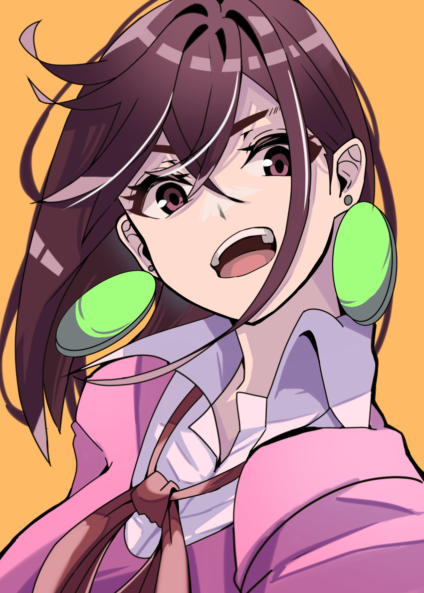 1girl, absurdres, amateru, ayase_momo, bow, bowtie, brown_eyes, brown_hair, dandadan, earrings, highres, jewelry, looking_at_viewer, loose_bowtie, open_mouth, orange_background, pink_sweater, red_bow, shirt, simple_background, solo, sweater, white_shirt