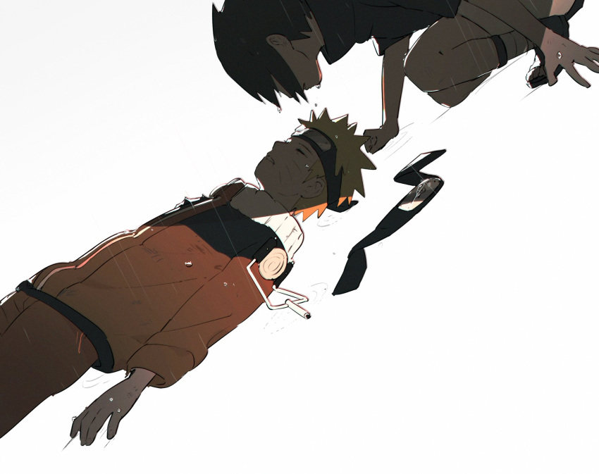 2boys, amo59320, arm_support, black_footwear, black_hair, black_shirt, blonde_hair, closed_eyes