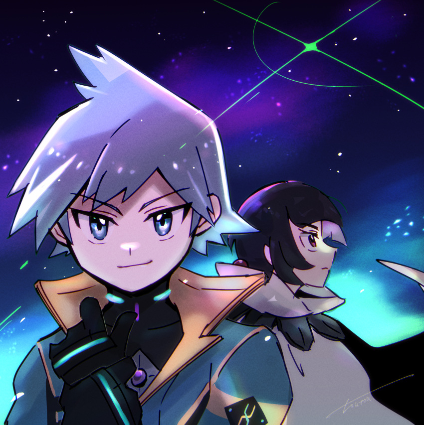 1boy, 1girl, black_hair, blue_eyes, blue_hair, bodysuit, bodysuit_under_clothes, cape, highres, looking_at_viewer, official_alternate_costume, pokemon, pokemon_oras, red_eyes, space, star_(sky), steven_stone, steven_stone_(sygna_suit), toutouart, zinnia_(pokemon)