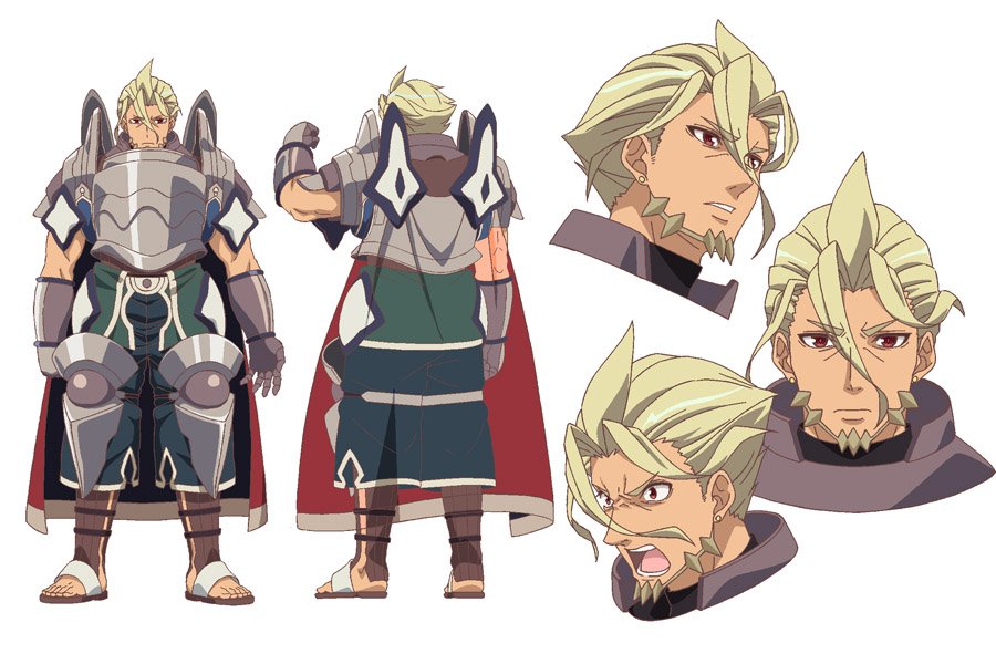 1boy, angry, armor, armored_gloves, blonde_hair, cape, goliath_(grimms_notes), grimms_notes, grimms_notes_the_animation, kawashima_hisashi, male_focus, multiple_views, official_art, red_eyes, simple_background, solo, teeth, white_background