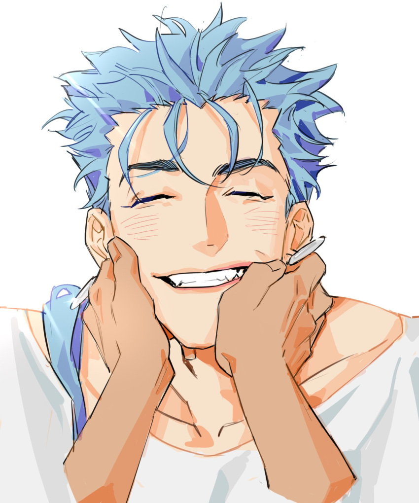 11114tai, 1boy, blue_hair, closed_eyes, collarbone, commentary_request, crew_neck, cu_chulainn_(fate)
