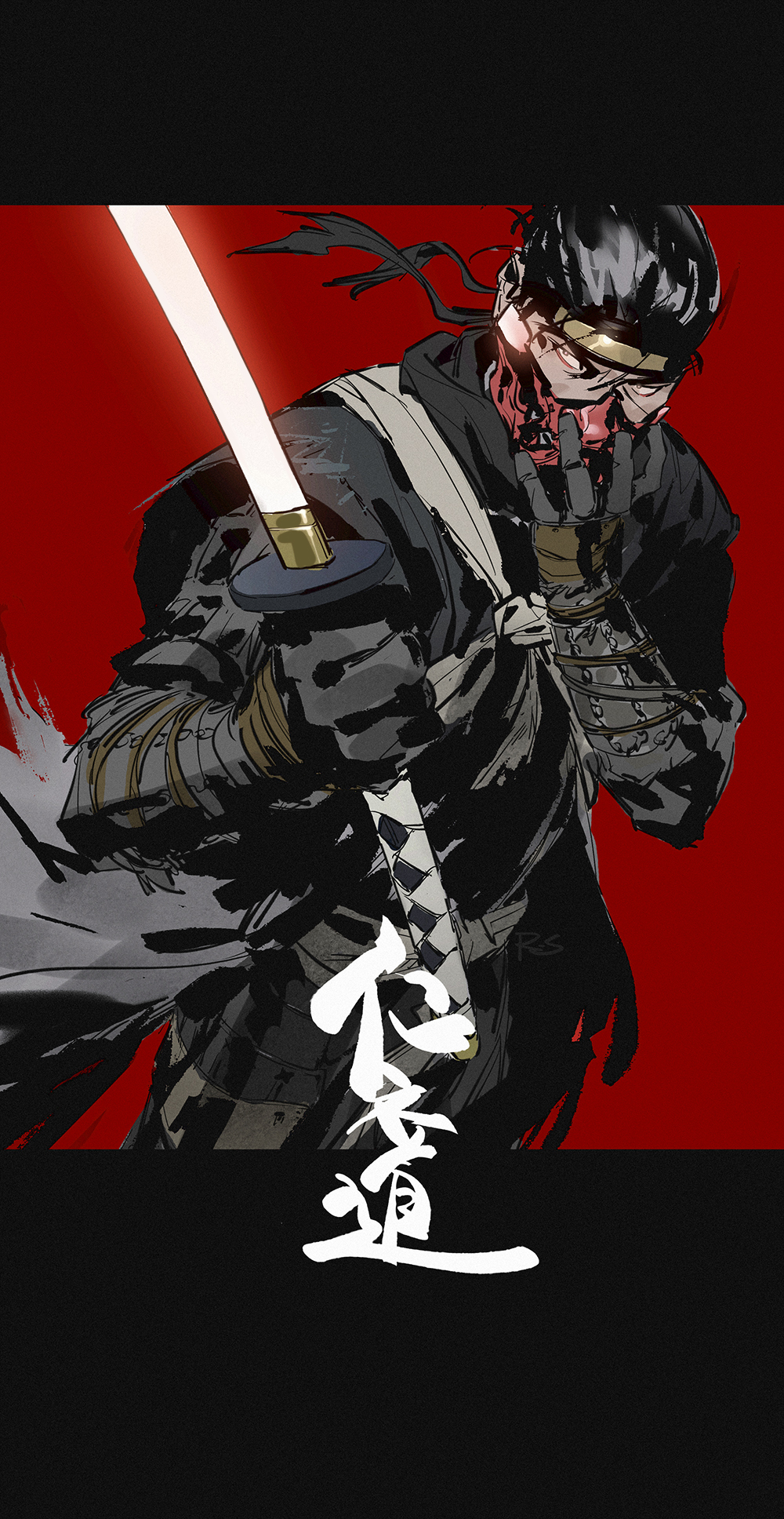 1boy, arms_up, black_gloves, commentary, cowboy_shot, english_commentary, ghost_of_tsushima, gloves