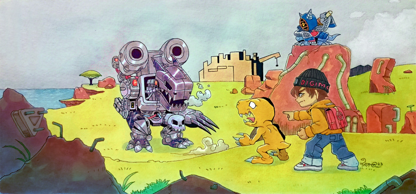 agumon, armor, backpack, bag, battle, black_hat, blank_eyes, blue_armor