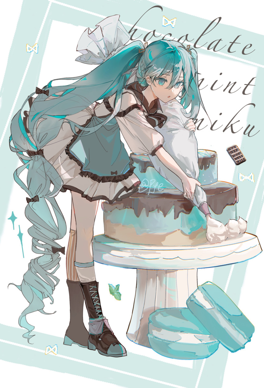 1girl, :o, absurdly_long_hair, aqua_eyes, aqua_hair, asymmetrical_hair, black_footwear, cake, chocolate, dress, drill_hair, english_text, food, full_body, hair_tie, hatsune_miku, highres, holding, icing, long_hair, macaron, open_mouth, pye_yyy, signature, sleeves_past_wrists, standing, twintails, very_long_hair, vocaloid