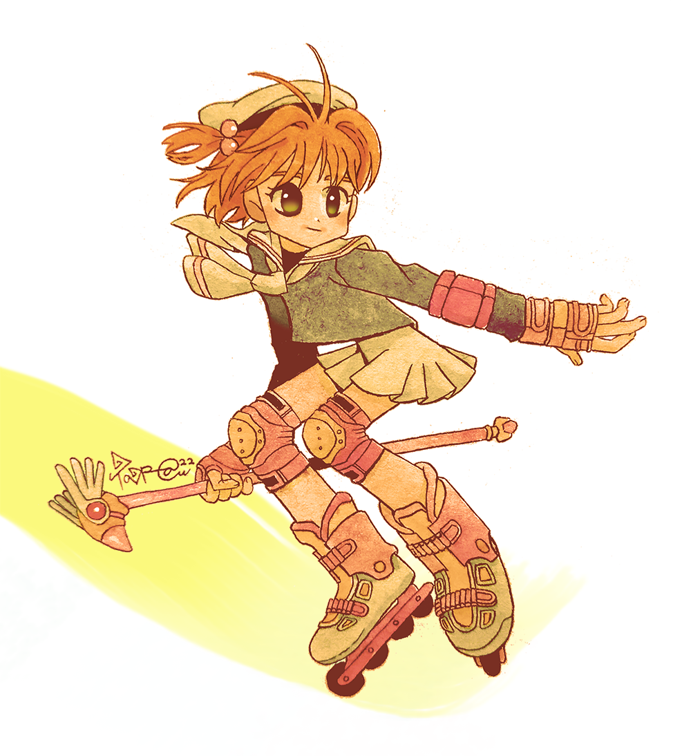 1girl, antenna_hair, brown_hair, cardcaptor_sakura, donald_duck_sailor_hat, elbow_pads, fingerless_gloves, fuuin_no_tsue