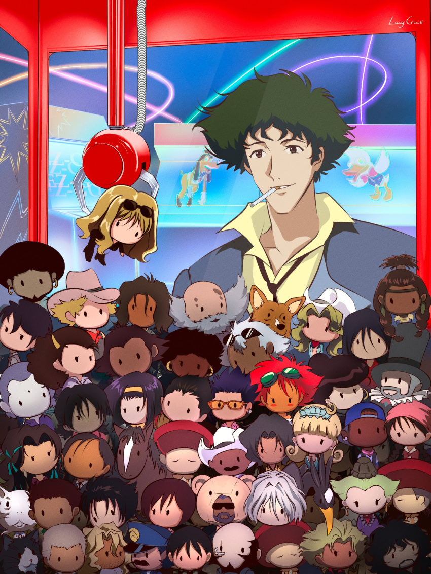 abdul_hakim, andy_von_de_oniyate, asimov_solensan, beard, cat, character_doll, character_request, chessmaster_hex, cigarette, cowboy_bebop, cowboy_hat, crane_game, doohan_(cowboy_bebop), edward_wong_hau_pepelu_tivrusky_iv, ein_(cowboy_bebop), electra_ovilo, everyone, facial_hair, faye_valentine, grencia_mars_elijah_guo_eckener, hairband, hat, highres, horse, jet_black, judy_(cowboy_bebop), julia_(cowboy_bebop), julius_(cowboy_bebop), katerina_solensan, lucyguusi, mad_pierrot, mustache, orange_hair, pao_pu-zi, punch_(cowboy_bebop), purple_hair, scar, scar_across_eye, shirt, spike_spiegel, stuffed_toy, sunglasses, ted_bowder, vicious_(cowboy_bebop), victoria_terpsichore, welsh_corgi, yellow_hairband, yellow_shirt