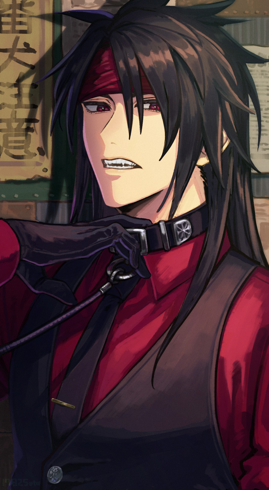 1782seta, 1boy, adjusting_collar, black_collar, black_gloves, black_hair, black_necktie, black_vest