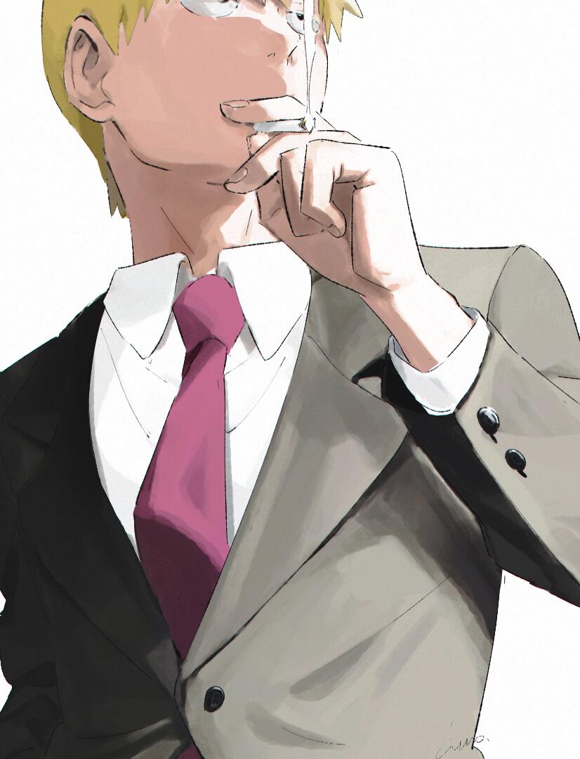 1boy, amo59320, arm_up, blonde_hair, buttoned_cuffs, buttons, cigarette, collared_shirt, covered_mouth, covering_own_mouth, cropped_head, grey_suit, holding, holding_cigarette, jacket, lapels, layered_sleeves, long_sleeves, looking_ahead, male_focus, mob_psycho_100, necktie, purple_necktie, reigen_arataka, shirt, short_hair, simple_background, smoke, smoking, solo, suit, suit_jacket, upper_body, white_background, white_shirt, wing_collar