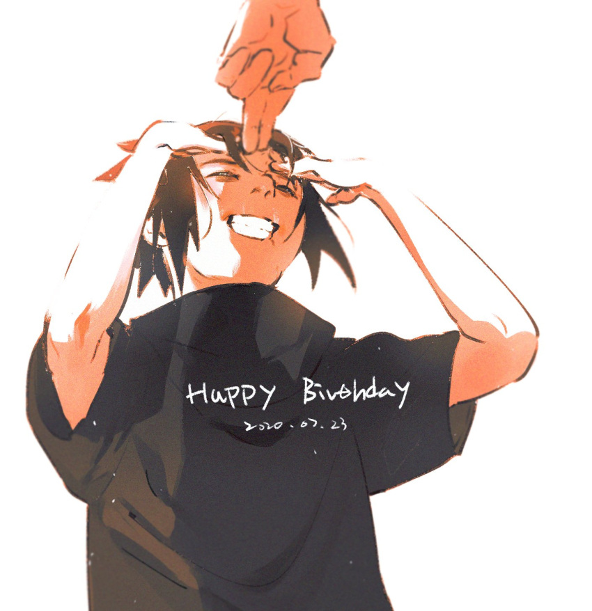 amo59320, arms_up, black_hair, black_shirt, closed_eyes, collared_shirt, commentary, dated