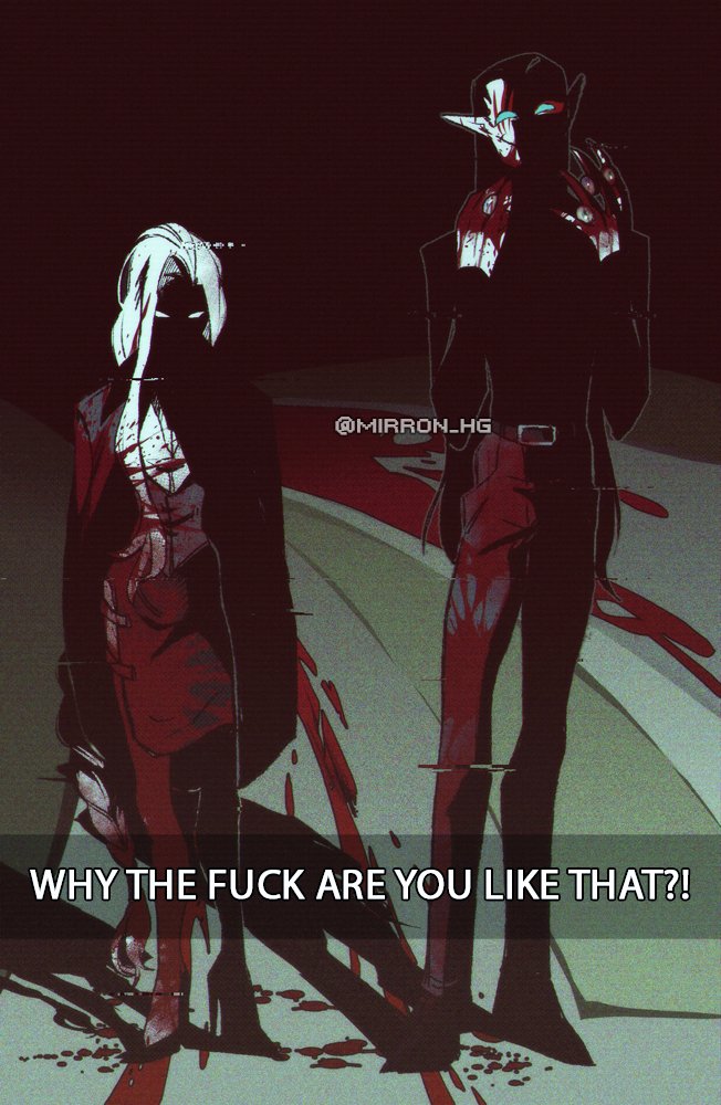 1boy, 1girl, black_hair, black_shirt, blood, blood_on_clothes, blood_on_face, blood_on_hands, braid, braided_ponytail, claws, dark_eldar, jacket, jacket_on_shoulders, long_hair, marazhai_(rogue_trader), meme, mira_von_valancius, mirron_hg, pointy_ears, shaded_face, shirt, skirt, twitter_username, very_long_hair, warhammer_40k, warhammer_40k:_rogue_trader, watermark, white_hair, why_dis_ninja_look_so_mad_(meme)