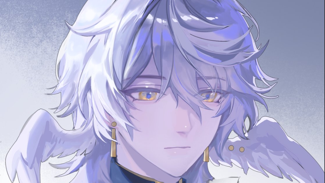 1boy, do_myzu, earrings, grey_hair, hair_between_eyes, head_wings, honkai:_star_rail, honkai_(series), jewelry, male_focus, solo, sunday_(honkai:_star_rail), wings, yellow_eyes
