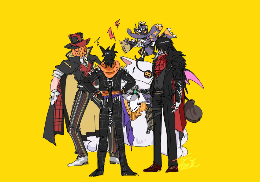 3boys, animal_ears, animal_on_head, ascot, black_cloak, black_hair, black_jacket, black_pants