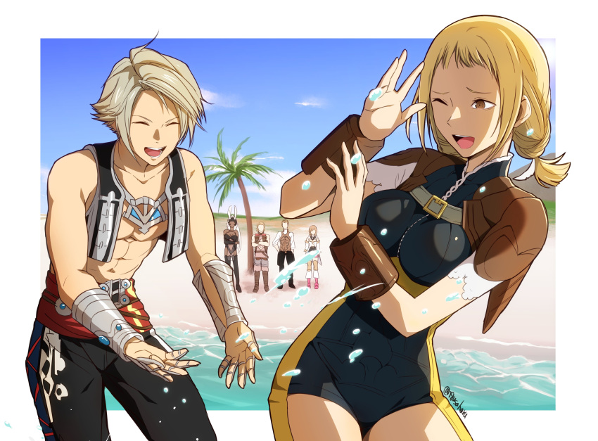3boys, 3girls, absurdres, armor, ashelia_b'nargin_dalmasca, balthier, basch_fon_ronsenburg, beach