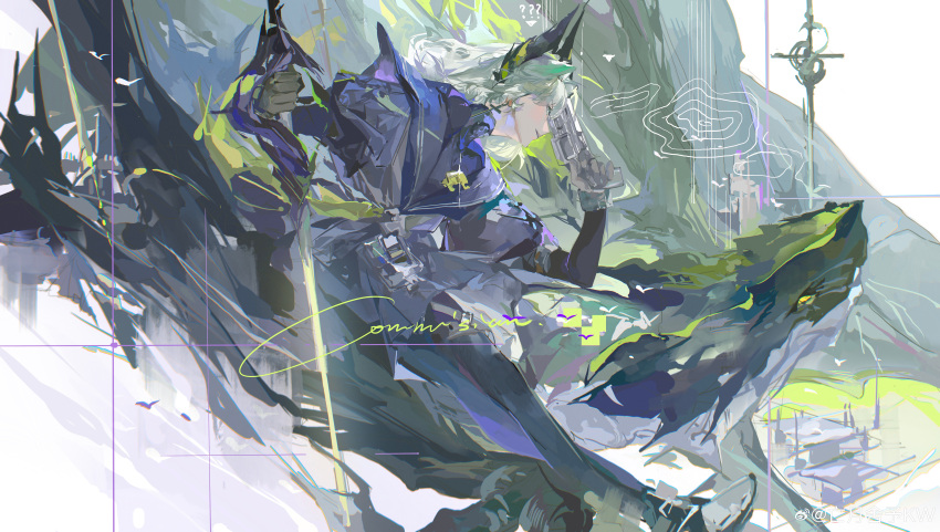 1girl, ?, ??, absurdres, arknights, asymmetrical_dual_wielding, black_pantyhose, black_shirt