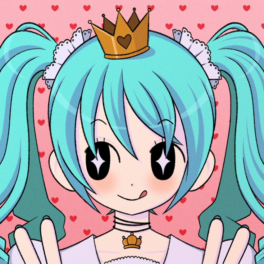 1girl, blue_hair, blush, crown, crown_necklace, cryptidhermit, dot_nose, double_v, eyelashes, hatsune_miku, heart, heart_background, highres, jewelry, licking_lips, long_hair, necklace, pink_background, solo, sparkling_eyes, tongue, tongue_out, twintails, v, vocaloid, world_is_mine_(vocaloid)