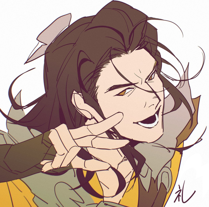 1boy, arm_up, armor, black_gloves, black_hair, brown_eyes, chinese_commentary, commentary_request