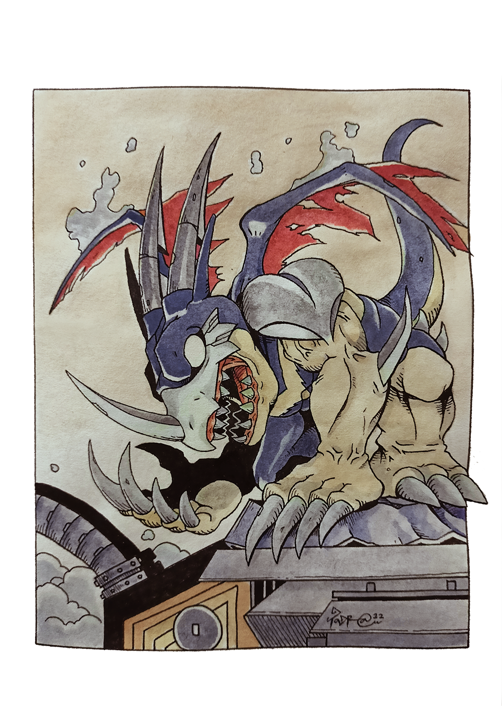 aerov-dramon, beak, blank_eyes, blue_skin, claws, clouds, colored_skin, digimon