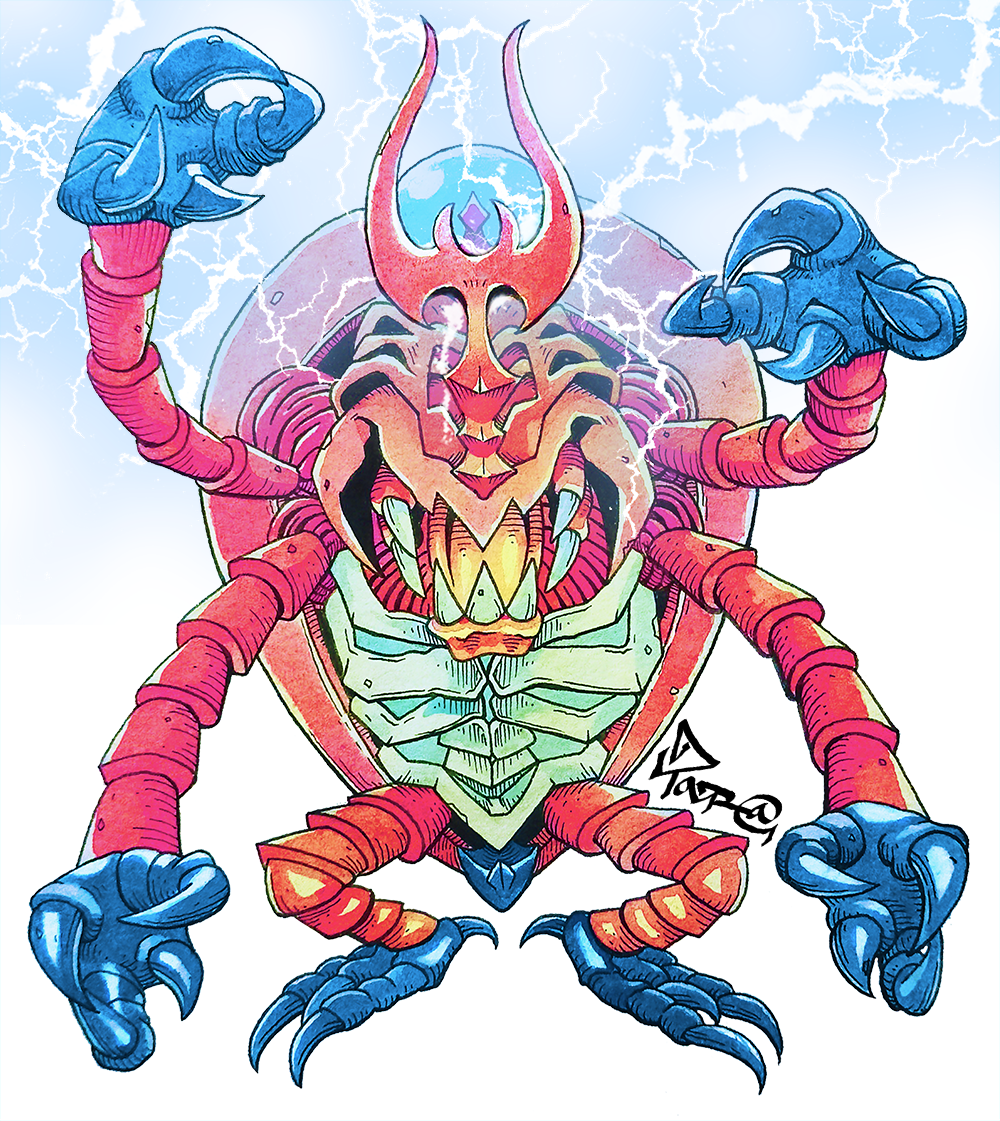 artist_collaboration, atlurkabuterimon, atlurkabuterimon_(red), bug, carapace, digimon, digimon_(creature), electricity