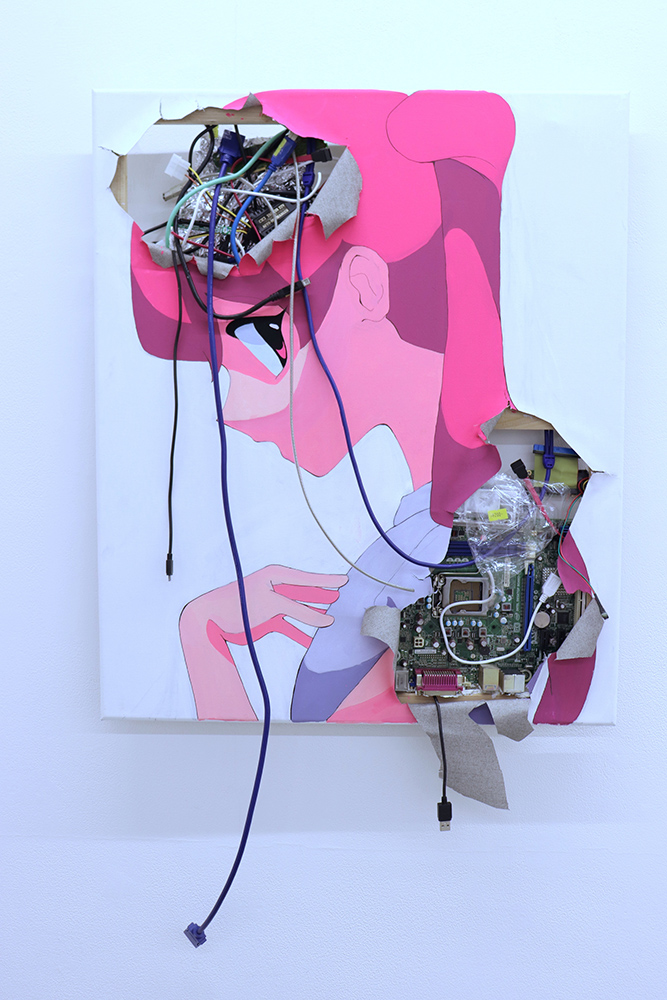 1girl, acrylic_paint_(medium), cable, canvas_(medium), circuit_board, from_side, hand_on_own_chest, hand_up