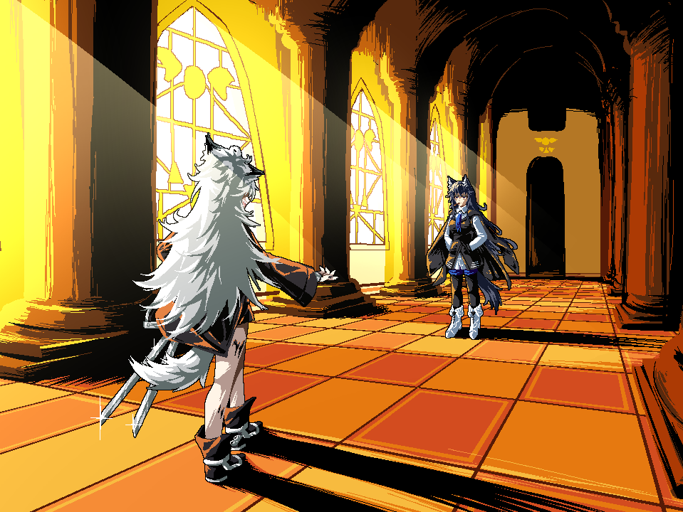 2girls, animal_ears, ankle_boots, arknights, black_cape, black_footwear, black_hair, black_jacket