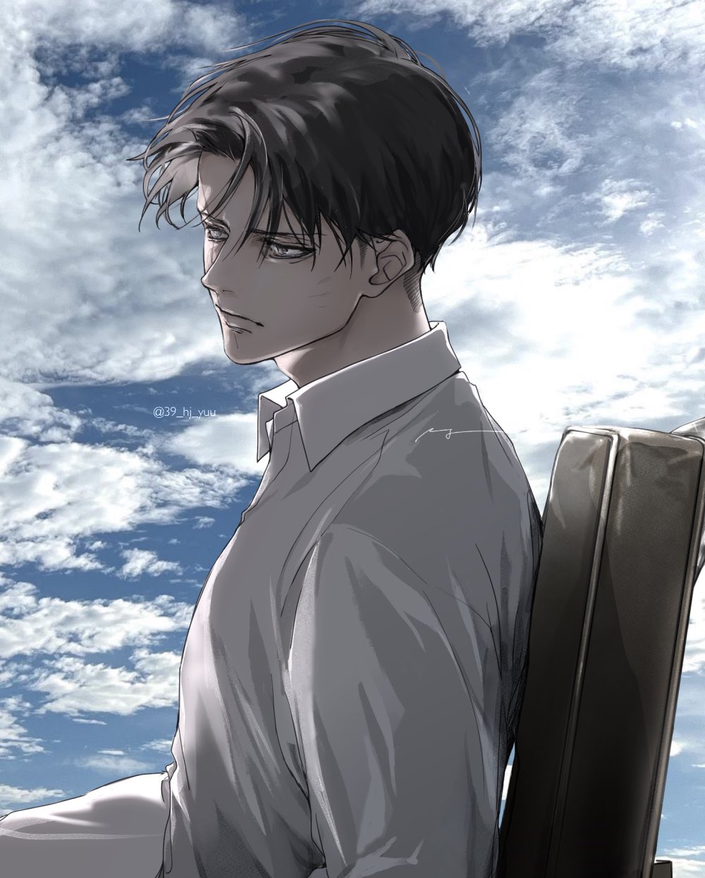 1boy, black_hair, chair, closed_mouth, clouds, cloudy_sky, collared_shirt, grey_eyes