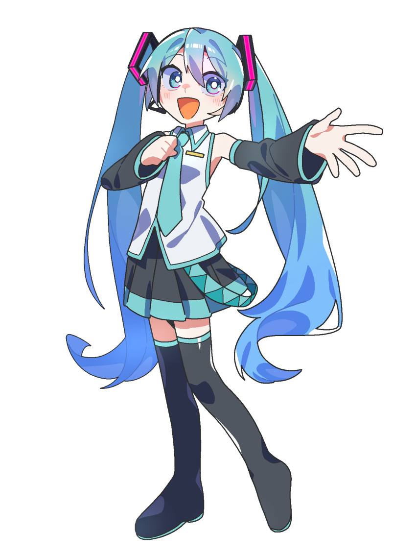 0tamt0, 1girl, :d, aqua_eyes, aqua_hair, aqua_necktie, aqua_trim, black_footwear, black_skirt, black_sleeves, blue_hair, boots, breasts, bright_pupils, collared_shirt, detached_sleeves, double-parted_bangs, full_body, gradient_hair, hair_between_eyes, hand_on_own_chest, hands_up, hatsune_miku, highres, jaggy_lines, long_hair, long_sleeves, looking_to_the_side, multicolored_hair, necktie, open_hand, open_mouth, outstretched_arm, plantar_flexion, shirt, sideways_glance, simple_background, skirt, sleeveless, sleeveless_shirt, small_breasts, smile, solo, standing, standing_on_one_leg, tachi-e, thigh_boots, three_quarter_view, twintails, two-tone_hair, very_long_hair, vocaloid, white_background, white_pupils, wing_collar