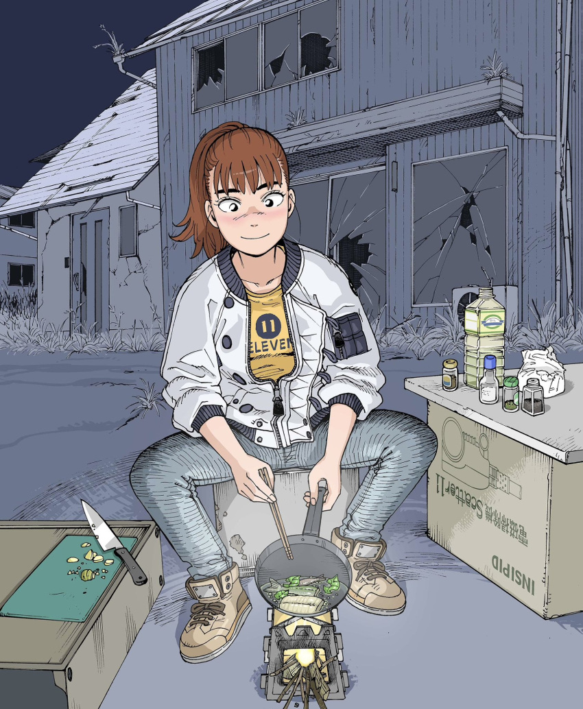1girl, abandoned, black_eyes, blue_pants, blush, bottle, box, broken_glass