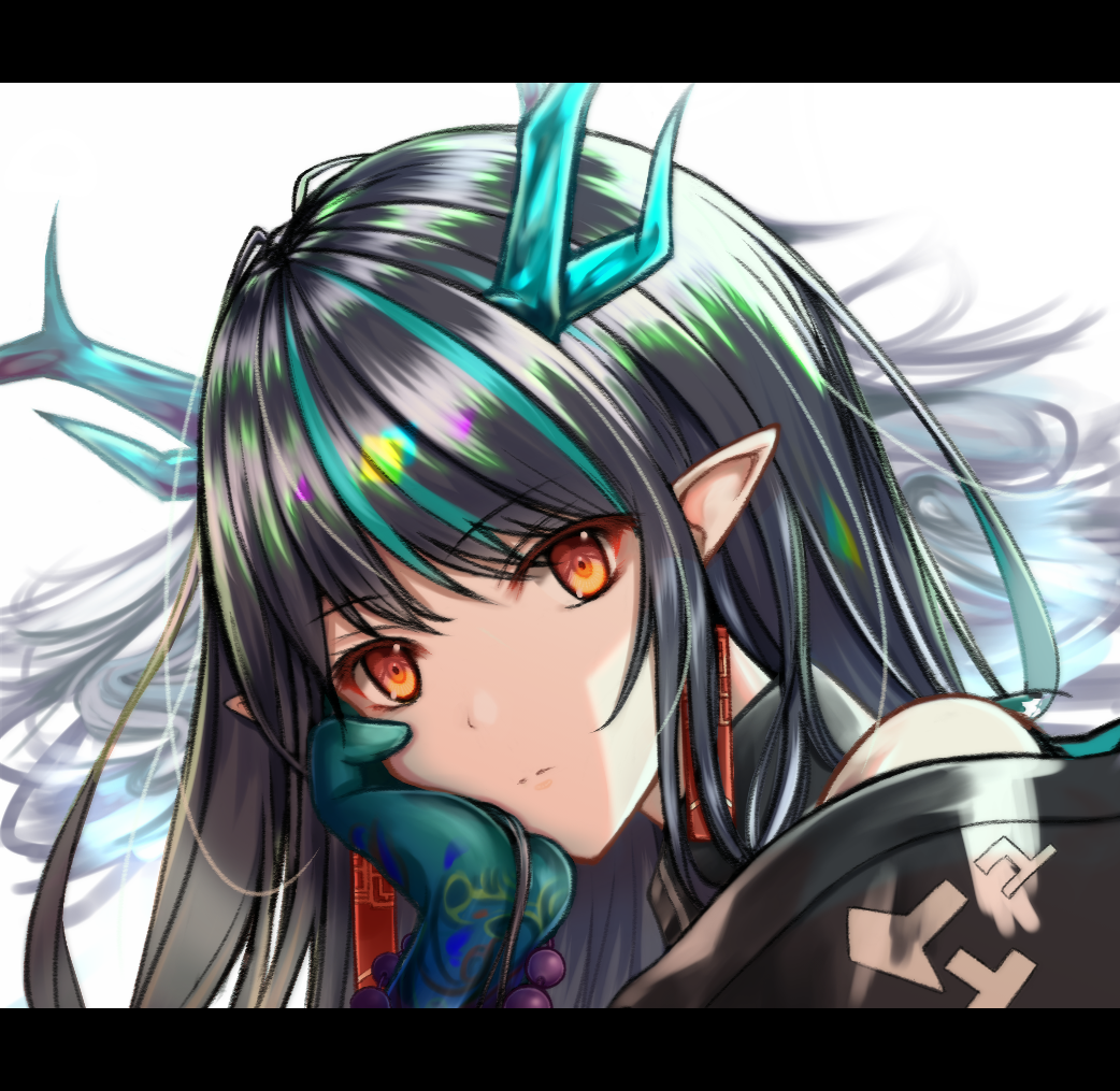 1girl, aqua_hair, arknights, beads, black_hair, close-up, closed_mouth, colored_extremities