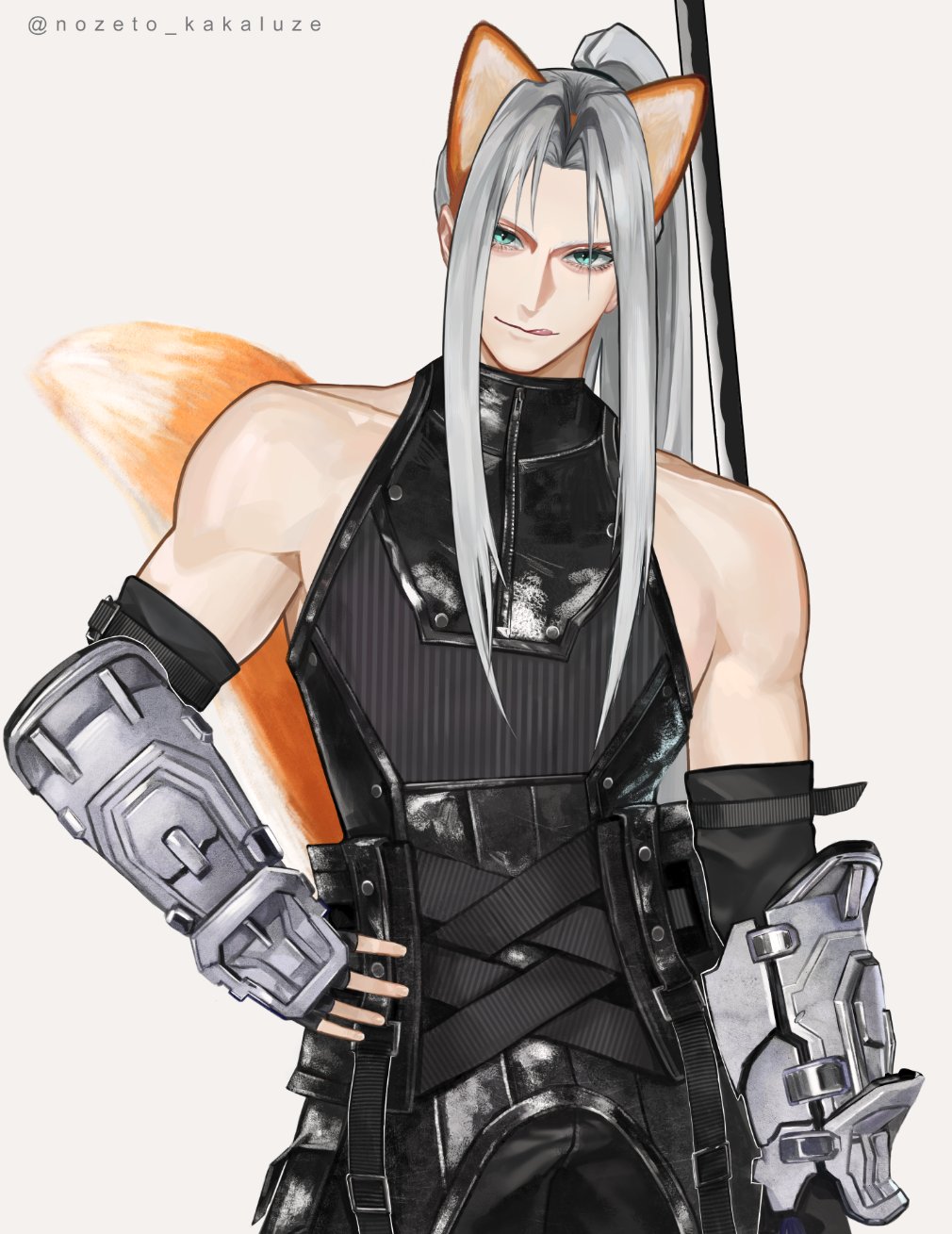1boy, alternate_hairstyle, animal_ears, aqua_eyes, arm_armor, arm_strap, belt, black_belt