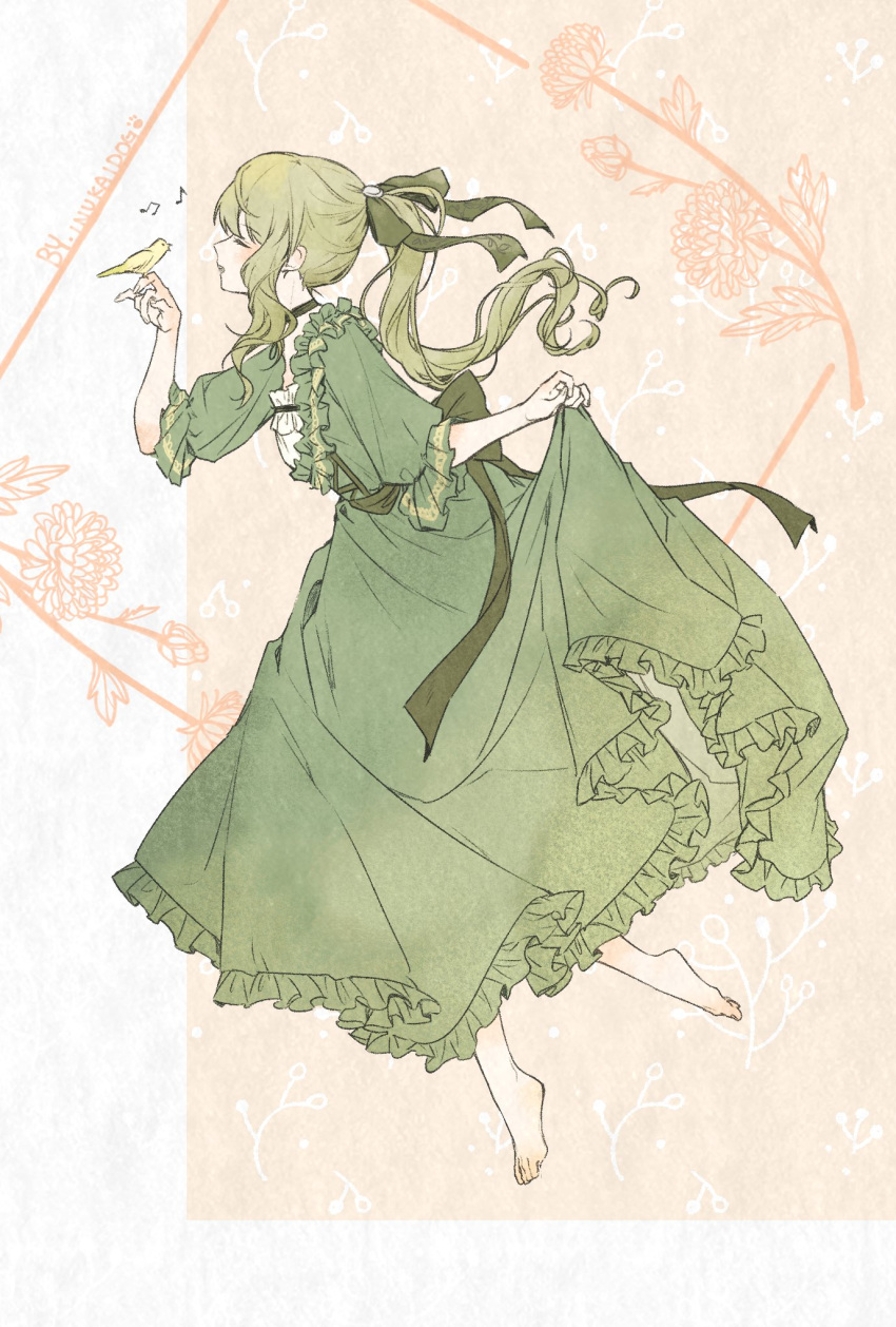 1girl, barefoot, bird, bird_on_hand, canary, choker, closed_eyes, commentary