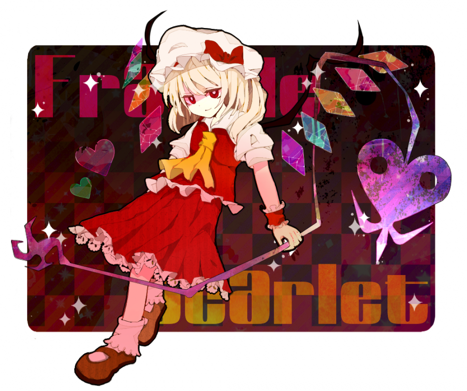 ascot, bad_id, blonde_hair, character_name, checkered, checkered_background, english, engrish, flandre_scarlet, hat, heart, laevatein, mary_janes, ranguage, red_eyes, sausu, shoes, solo, south_(monookibako), the_embodiment_of_scarlet_devil, touhou, vampire, wings