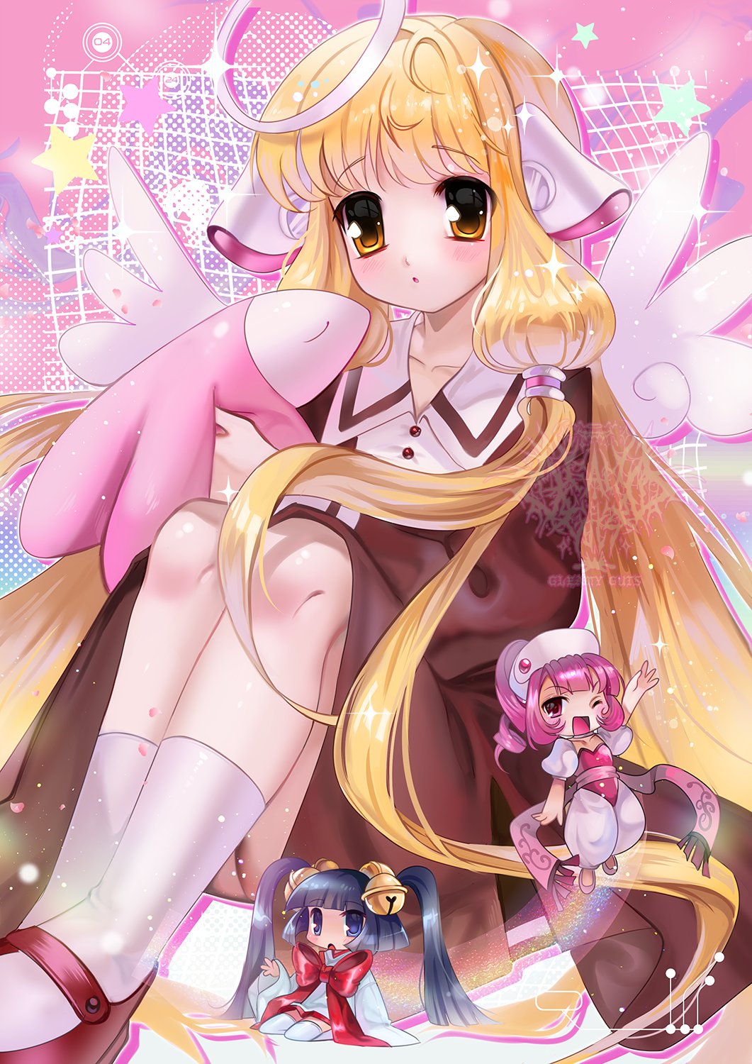 2000s_(style), 3girls, android, bell, blonde_hair, blue_eyes, blue_hair, brown_dress